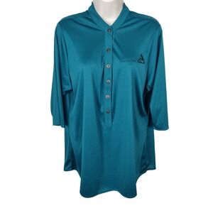 Ogio Womens XL Teal Blue Henley Roll Tab Sleeve Sika Logo‎ Performance Shirt NEW